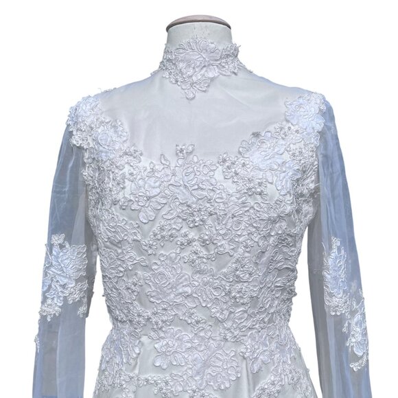 Vtg 70's Victorian Prarie Ivory Custom Bridal Dress Gown Train + Juliet Cap Veil - Picture 13 of 16